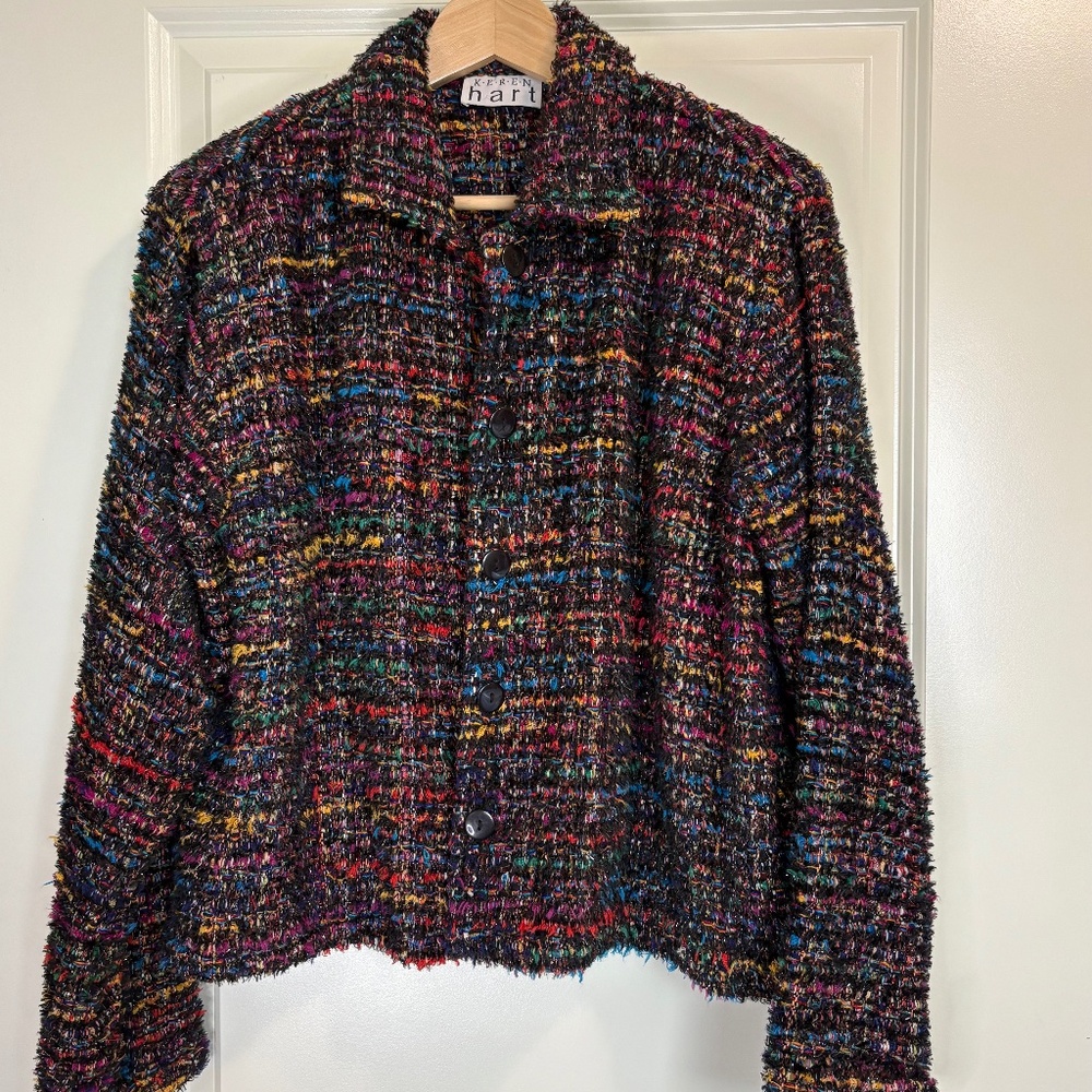 Keren Hart Y2K 90s Tweed Boucle Blazer Jacket Multicolor Women's‎ Sz L Retro